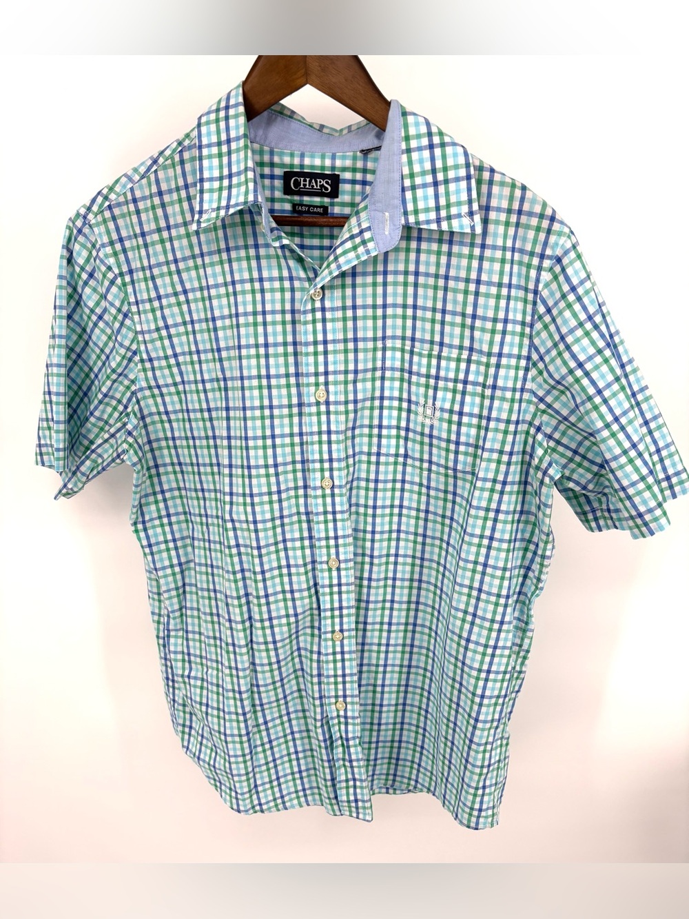 Chaps Men's Short-Sleeve Plaid Button-Down Shirt in Green and Blue